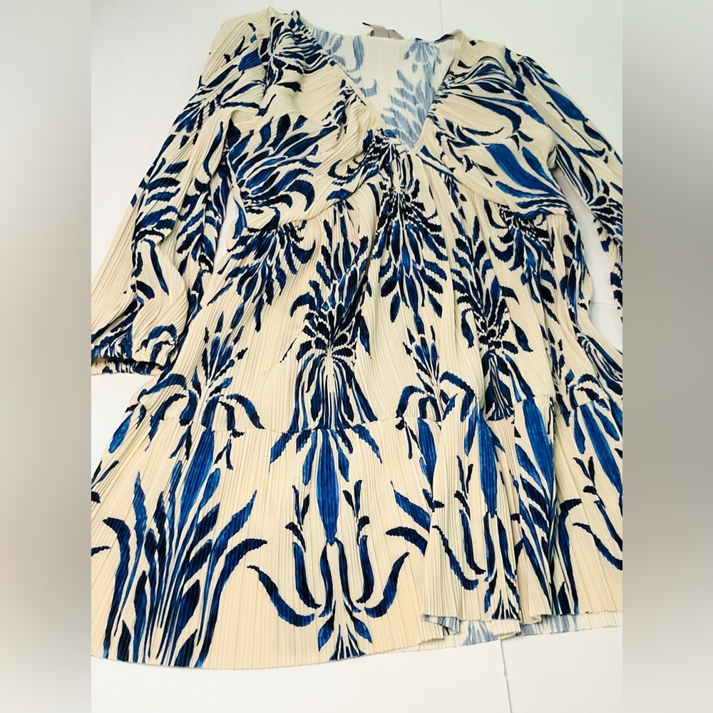 H&M Cream Blue Botanical Print Dress XL